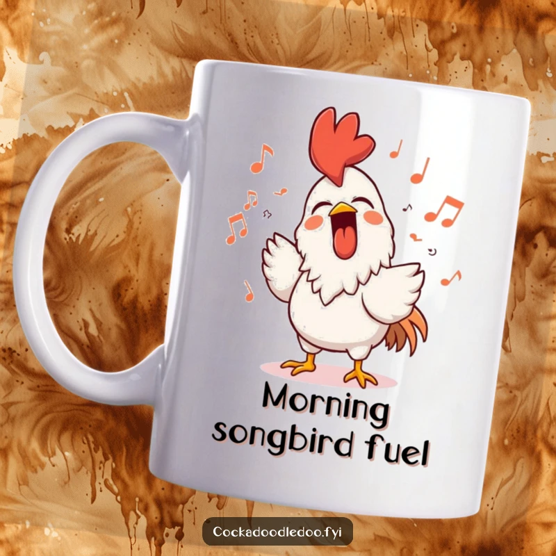 Funny rooster character mug, loudly singing with a beaming smile, surrounded by musical notes, embodying pure, joyful melody.