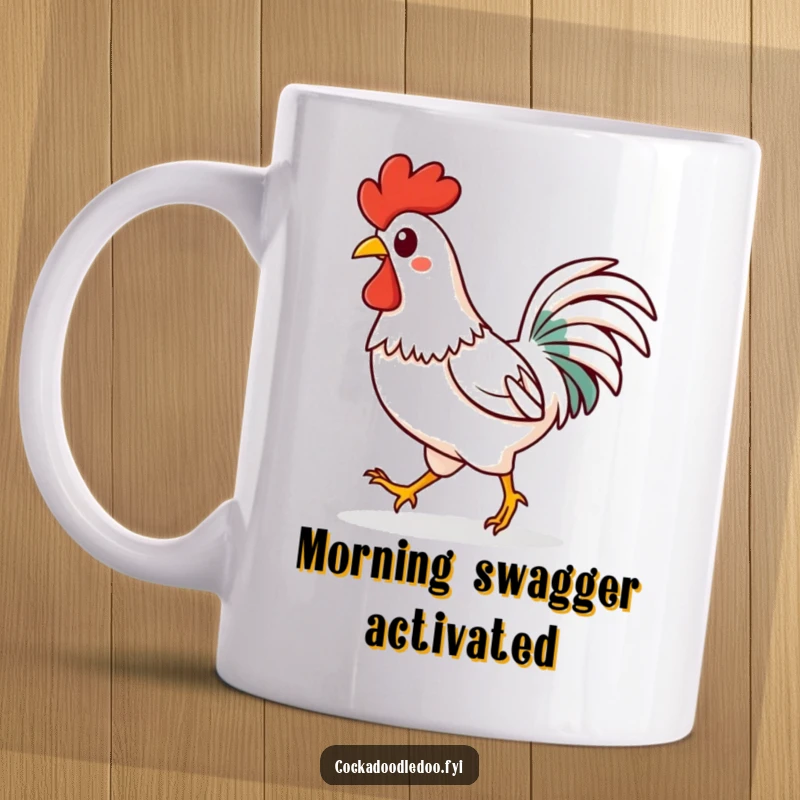Funny Kawaii rooster mug featuring a happy character strutting confidently with a noticeable spring in its step. Energetic and joyful.