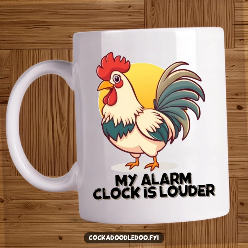 Funny rooster mug with a wide beak joyfully crowing at the bright rising sun, celebrating morning.