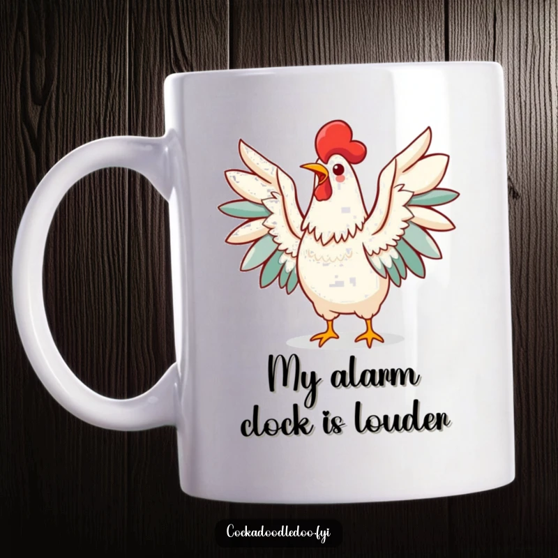 Funny Kawaii Rooster Mug with wings spread wide, heroically crowing to announce the dawn, radiating pure joy and morning energy.