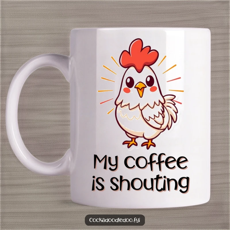 Funny stylized rooster mid-crow, with dynamic lines from its beak, depicted on a mug, radiating powerful morning energy.
