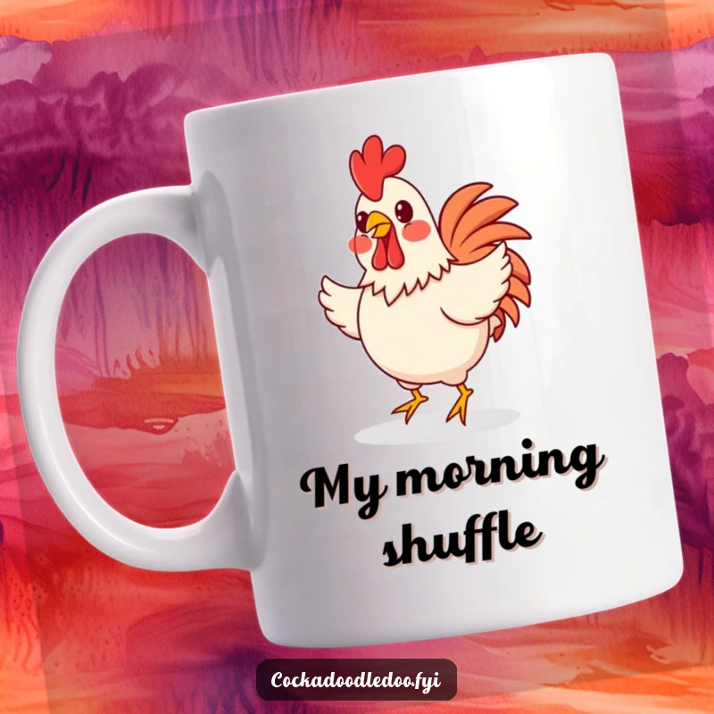 Funny happy rooster with rosy cheeks doing a little jig, depicted on a mug, exuding pure joy and playful energy.