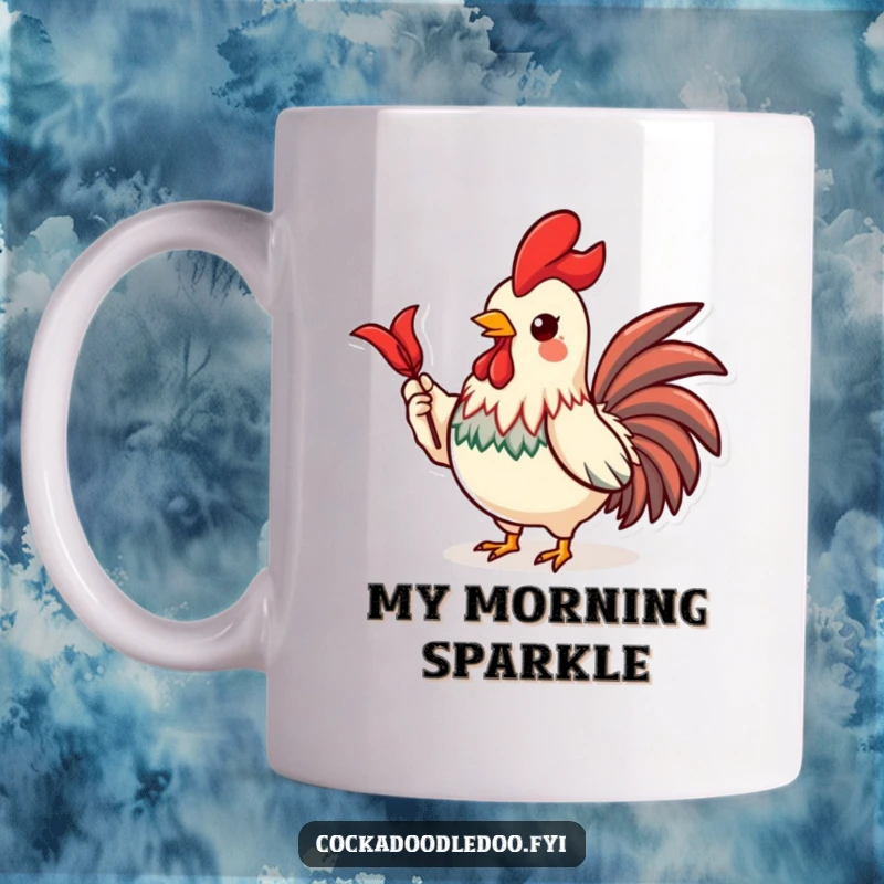 Funny Kawaii mug featuring a proud rooster character holding up a shiny red feather with a confident smile.