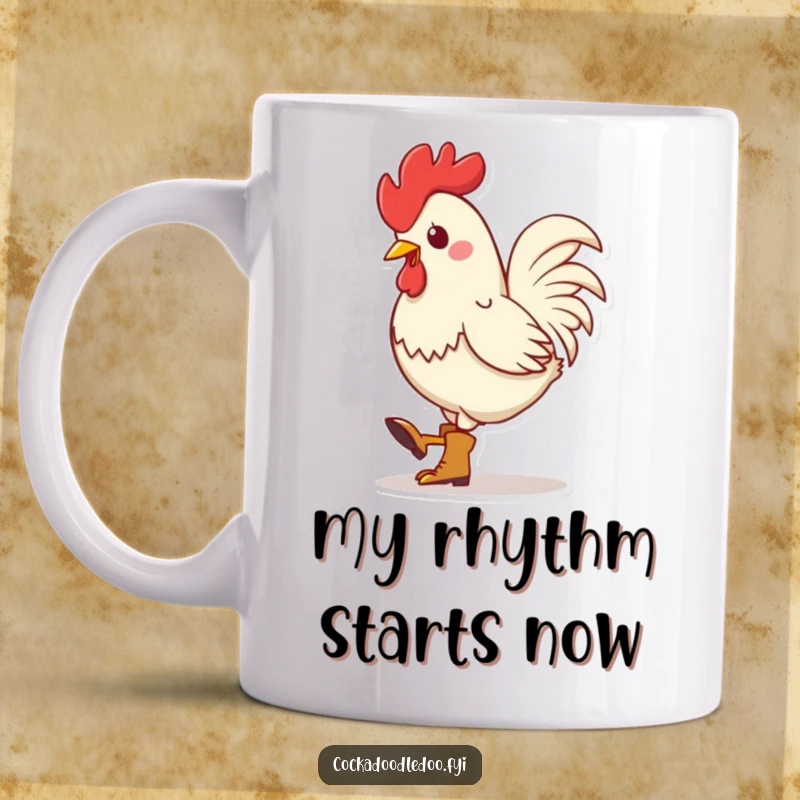 Funny Kawaii Rooster Boots Mug: Cute rooster wearing tiny boots, tapping its foot rhythmically with a cheerful, musical vibe.