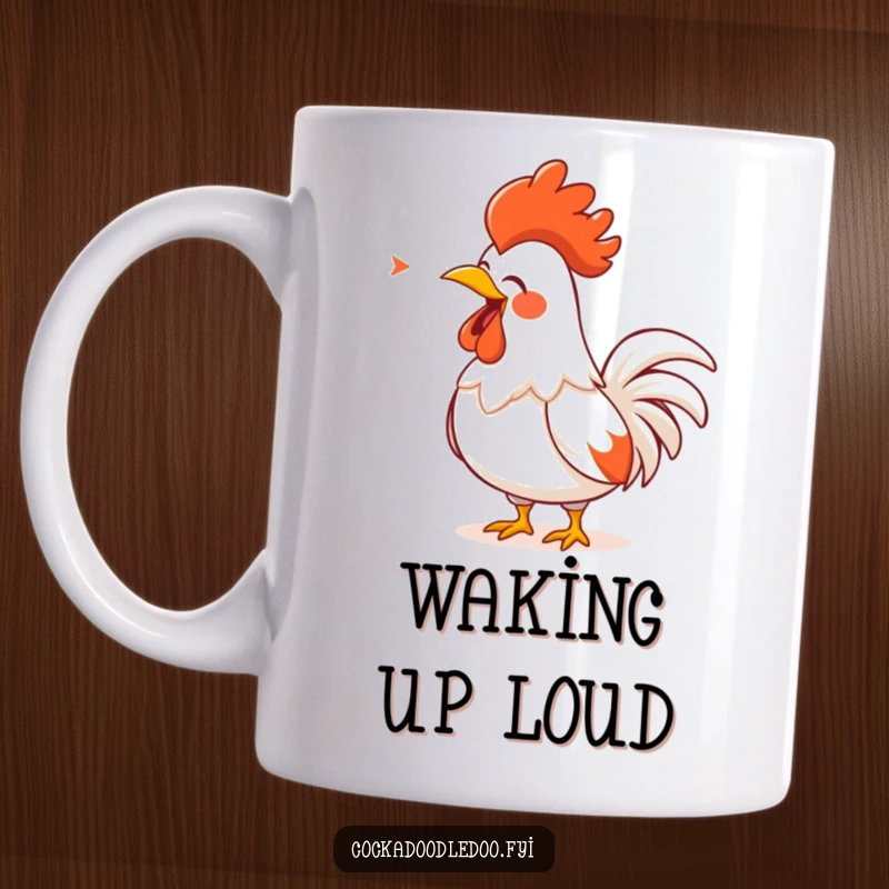 Funny Rooster Mug: A cartoon rooster with a prominent golden comb, belting out a loud, energetic song.