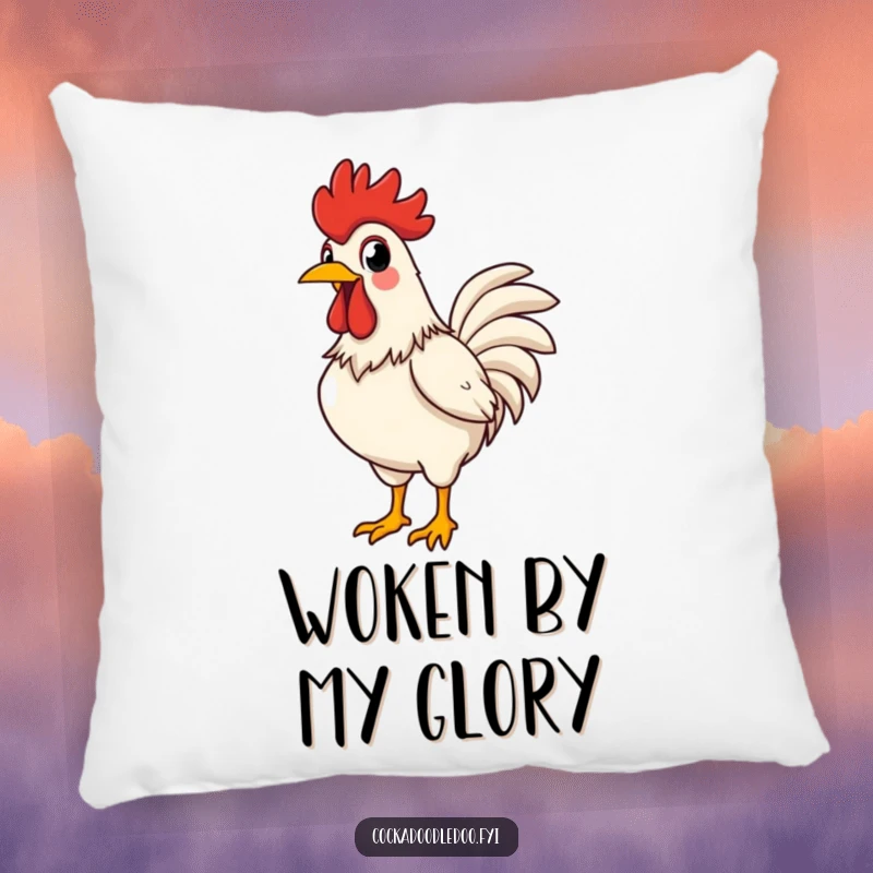 Funny rooster pillow with a proud rooster crowing loudly, chest puffed out, bringing comical farmyard charm.