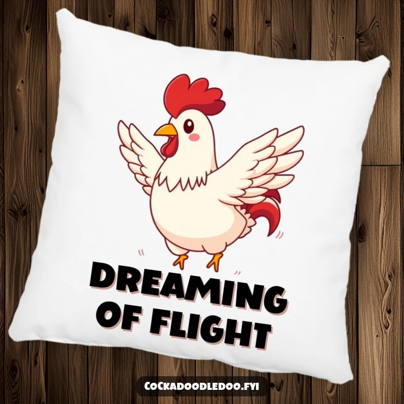 Funny rooster pillow with a rooster comically flying through a sunny sky, wings spread wide, bringing humor.