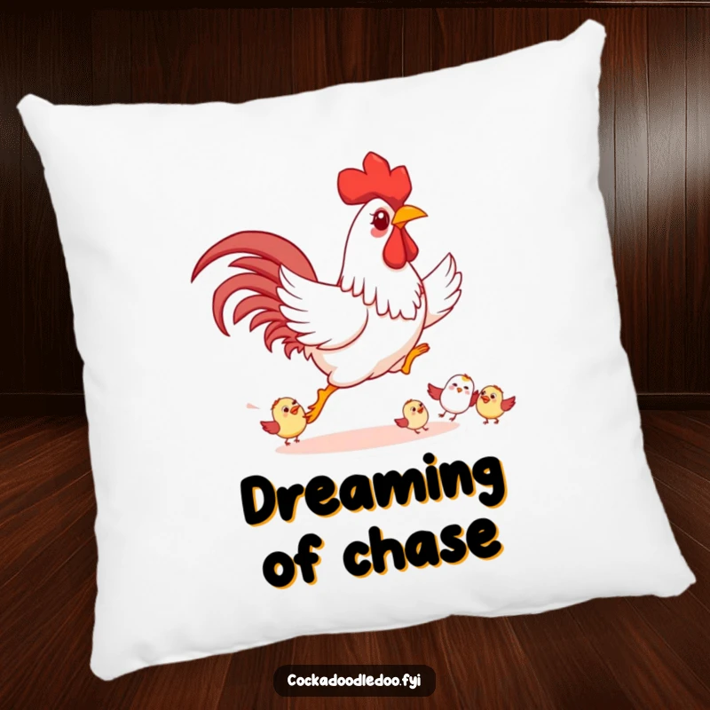 Funny Rooster Pillow, depicting playful chasing of smaller birds happily, soft and humorous decor.