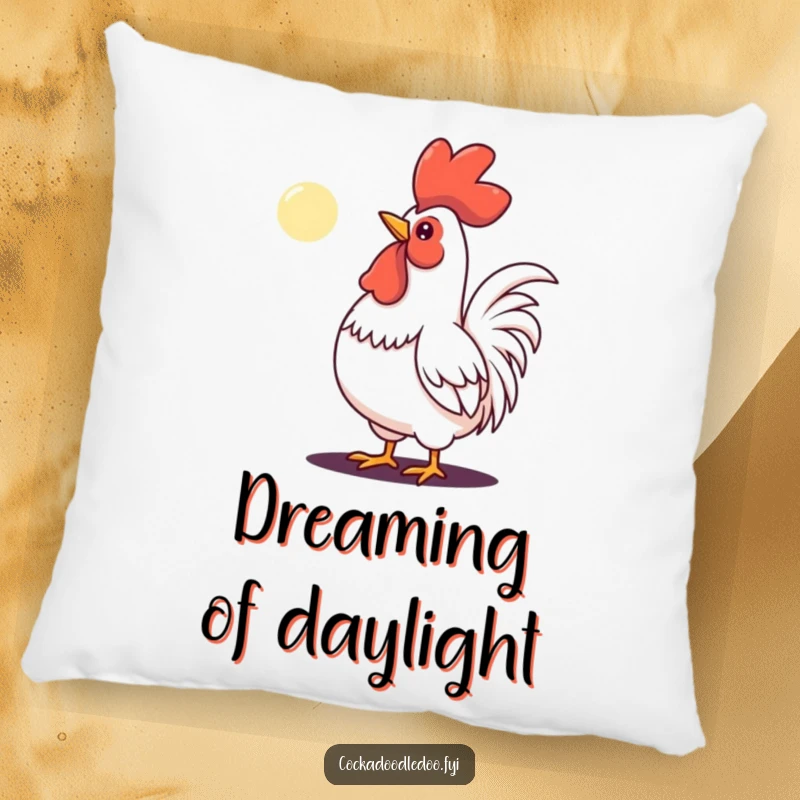 Funny pillow designed with a determined rooster crowing at a tiny moon, symbolizing aspiration and perseverance.