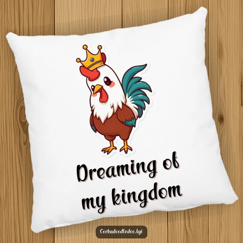 Funny pillow showcasing a proud rooster wearing a crown, crowing with immense pride, bringing regal comfort and humor to any room.