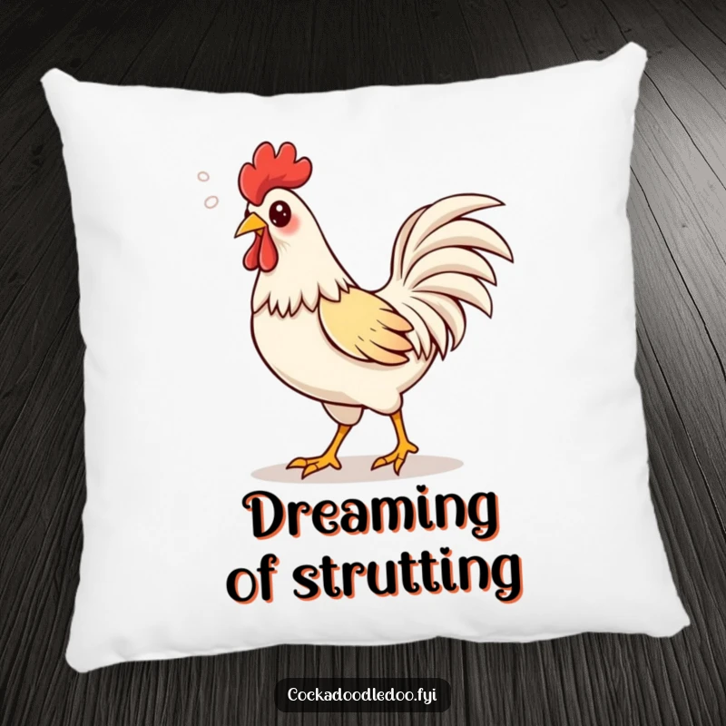 Funny Kawaii rooster pillow featuring a cute rooster strutting proudly, puffs of air escaping its beak in a happy sound.
