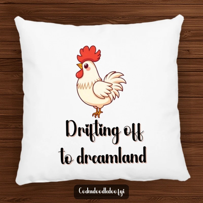 Funny pillow with a single, proud rooster feather in a playful swirl, floating gently downwards, soft and amusing.