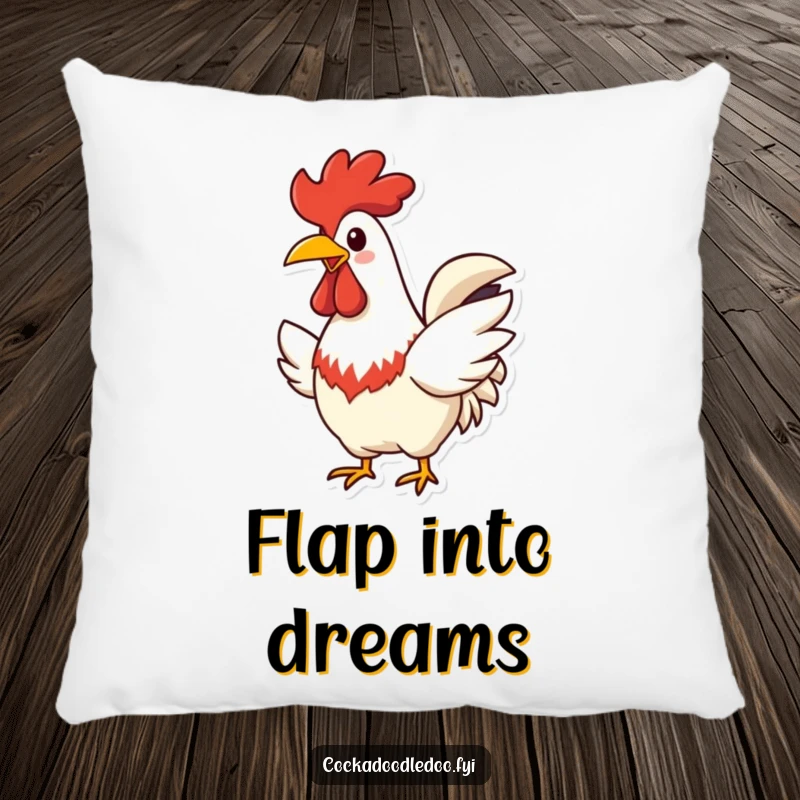 Funny Rooster Pillow, depicting wide cheerful beak and flapping wings happily, soft and humorous decor.