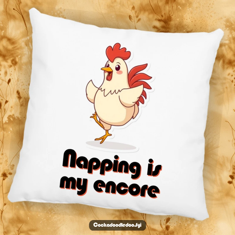 Funny pillow showcasing a cheerful rooster character in a spontaneous dance, offering comfort and a touch of farmyard silliness.