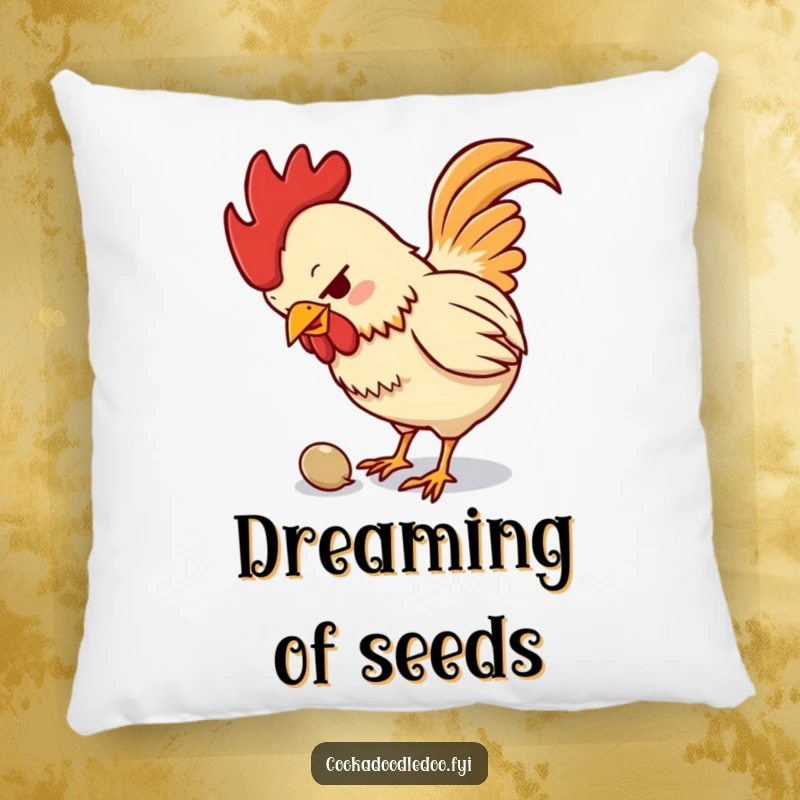 Funny pillow showing a small, determined rooster enthusiastically pecking at a tiny seed, adding a humorous touch to comfort.