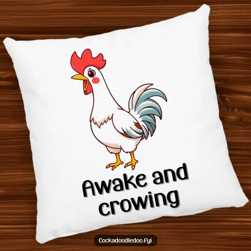 Funny Kawaii Rooster Pillow, depicting a happy rooster stretching its neck to crow, soft and humorous decor.