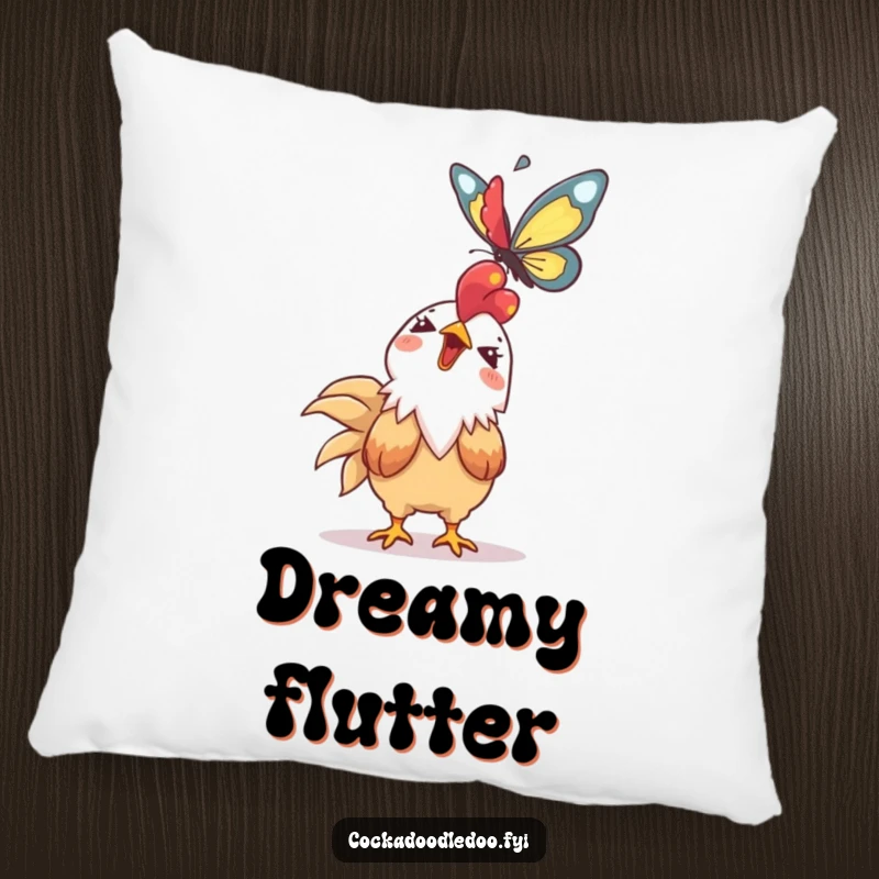 Funny Kawaii rooster pillow with a giggling character looking up at a soaring butterfly. Soft and enchanting.