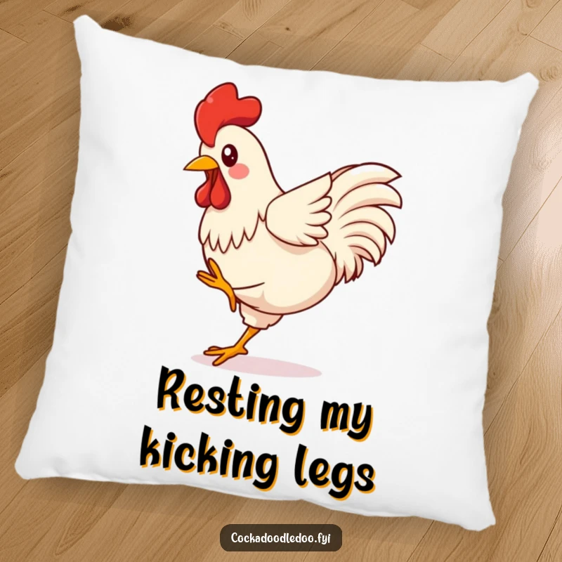 Funny Kawaii Rooster Pillow depicting a happy rooster kicking its legs with pure, unbridled, and contagious enthusiasm.