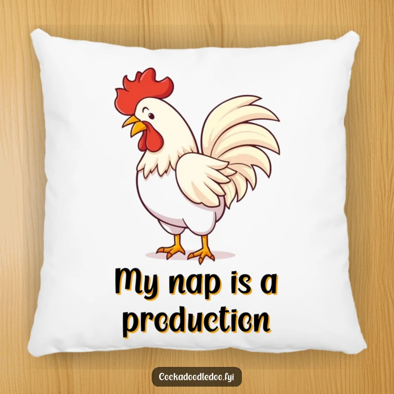Funny pillow showcasing a rooster in a flamboyant bow, his tail feathers spread wide, designed for cozy, humorous decor.