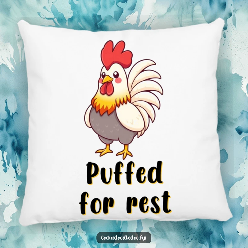 Funny Rooster Pillow: A stylized rooster with vibrant feathers proudly puffing its chest, offering cozy comfort and bold appeal.