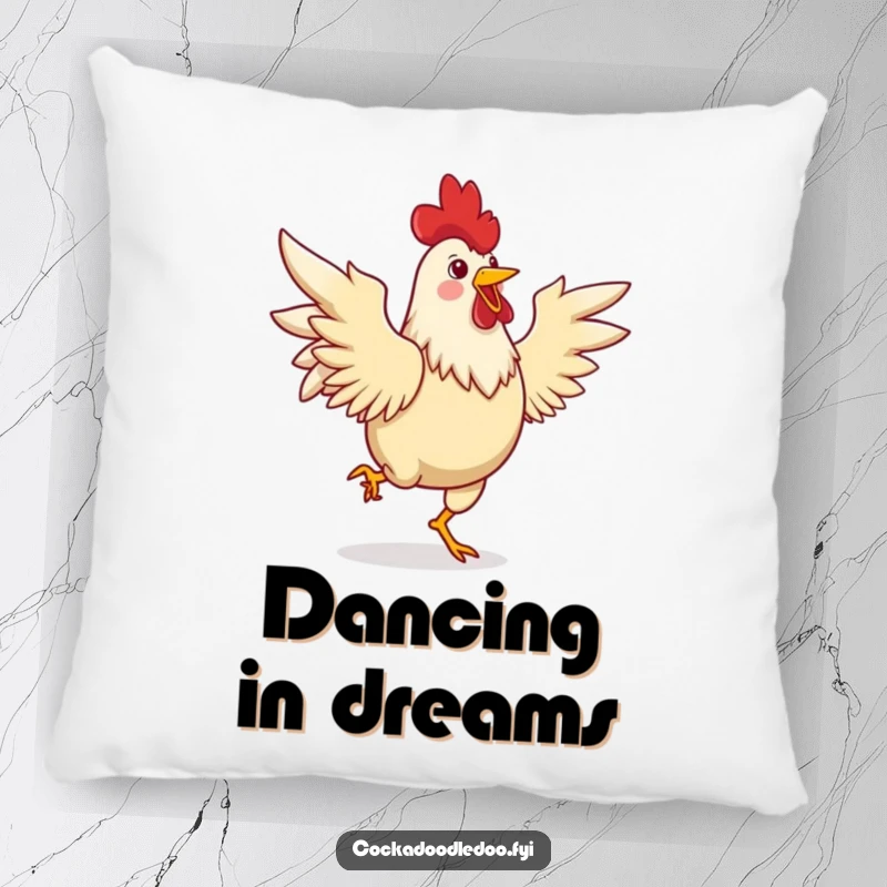 Funny pillow showcasing a joyful rooster dancing a lively jig with its wings spread, offering plush comfort and a spirited visual.