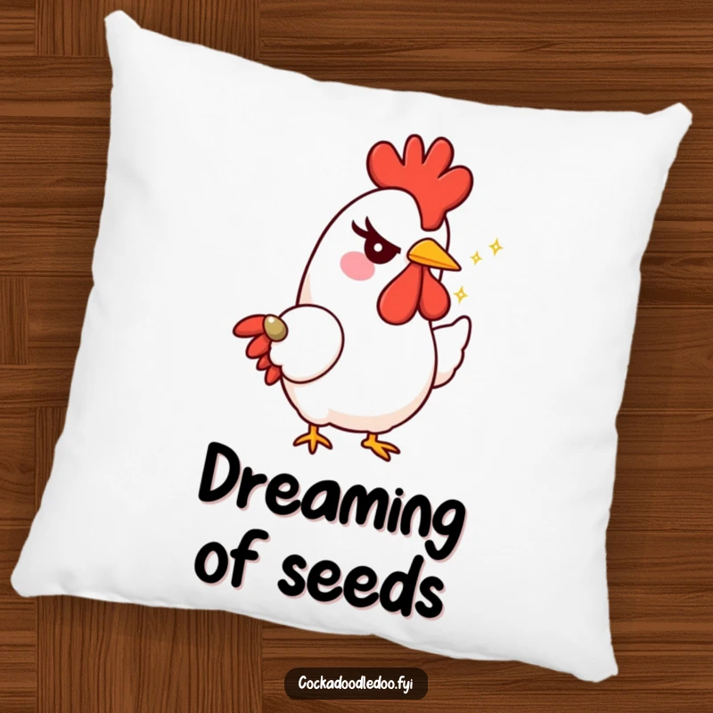 Funny rooster pillow featuring a character with a mischievous wink, offering a tiny, sparkling seed, offering comfort and playful appeal.