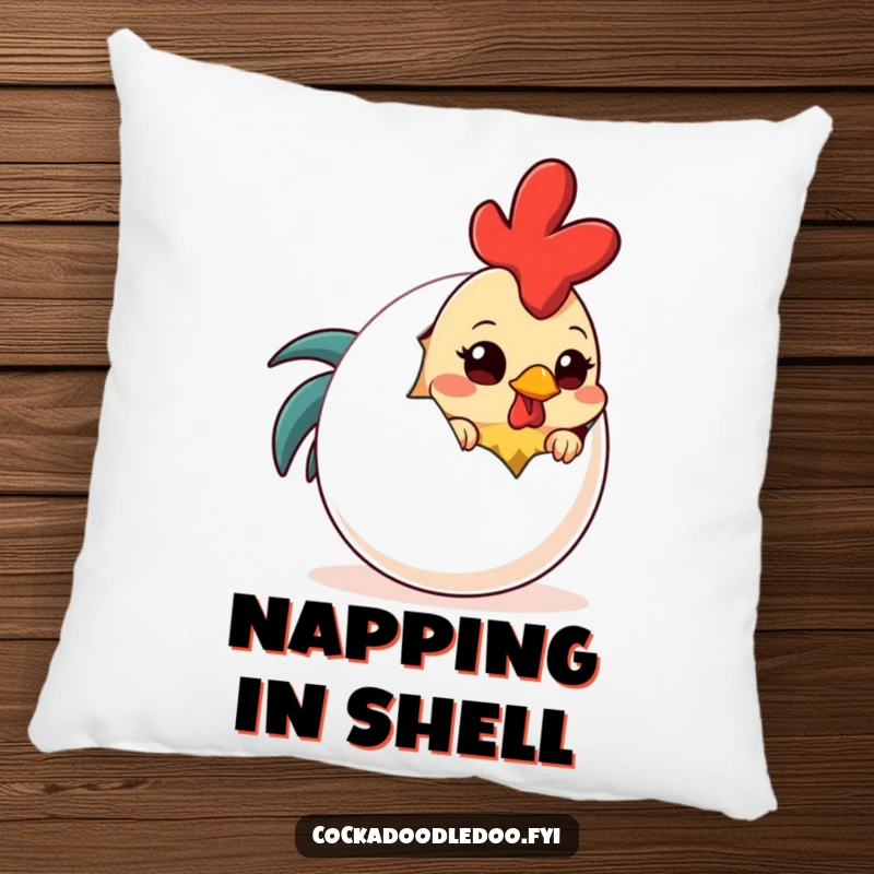 Funny Shy Rooster Egg Pillow: A plush pillow featuring a shy rooster hiding behind a comical, large egg.