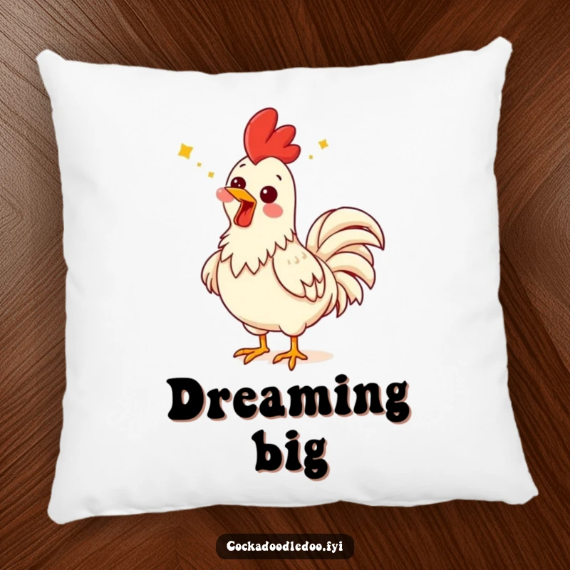 Funny rooster pillow showing a rooster with a comical expression, head thrown back as if singing a song.