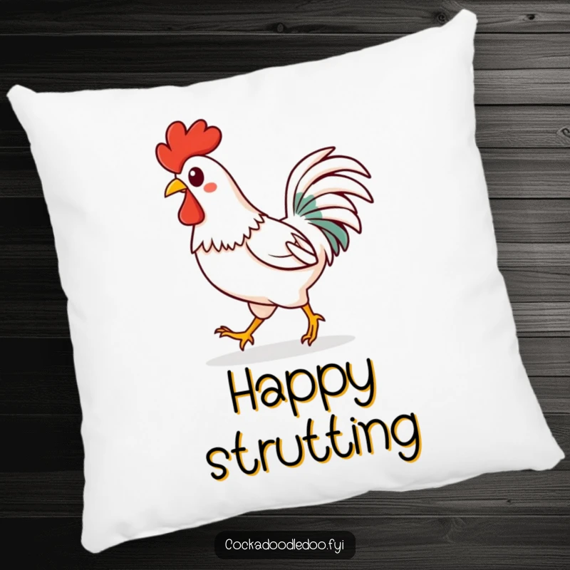 Funny Kawaii rooster pillow with a happy character strutting confidently. Soft, comfortable, and joyful.