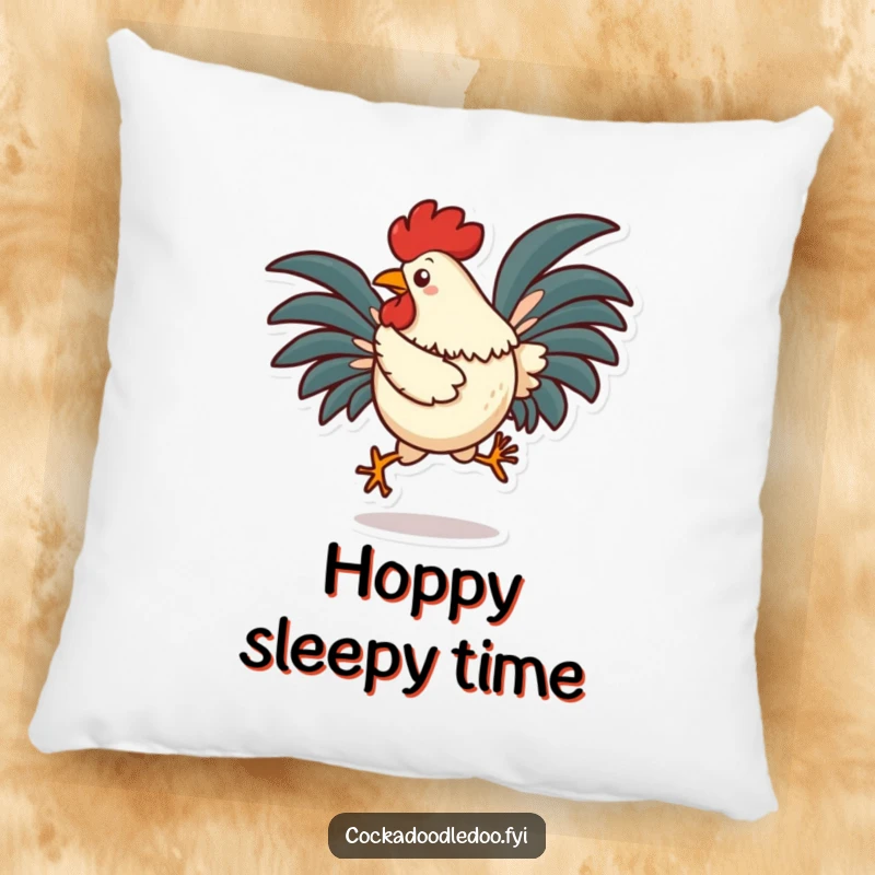 Funny rooster pillow featuring a character during a silly hop with tail feathers fanned out, offering comfort and humorous appeal.