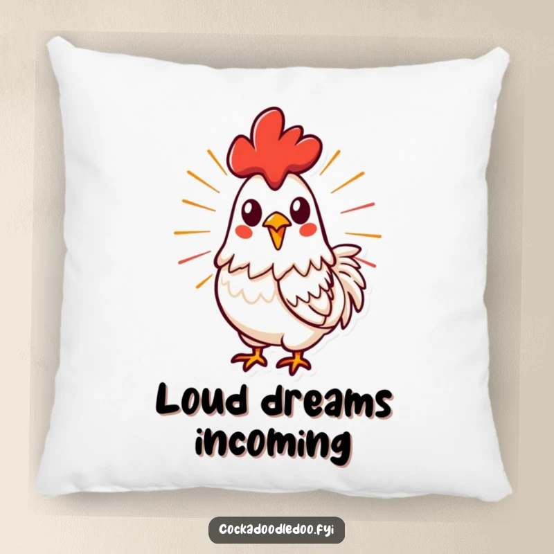 Funny, stylized rooster mid-crow with energetic lines, featured on a plush pillow, adding a powerful and vibrant touch.