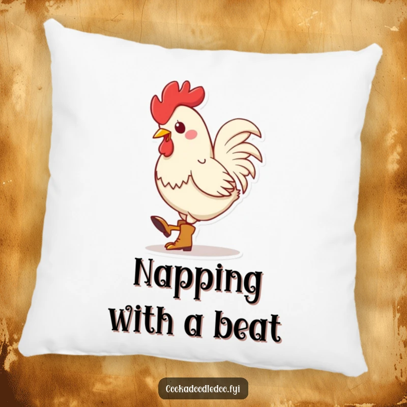 Funny Kawaii Rooster Boots Pillow: Soft cushion featuring a cute rooster in tiny boots, rhythmically tapping its foot, for humorous and cozy decor.