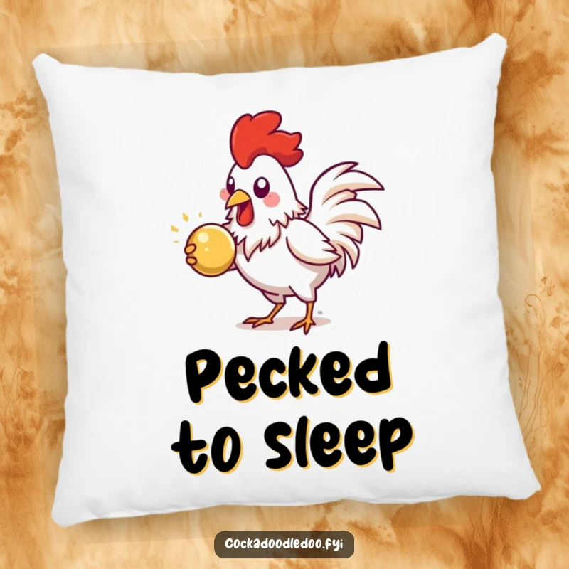 Funny Rooster Pillow, depicting energetic pecking at a shiny object, soft and humorous decor.