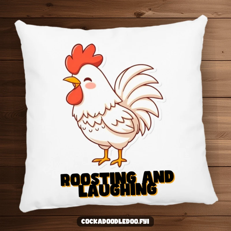 Funny Rooster Pillow featuring a character with fluffy tail feathers shaking with laughter, bringing comfort and spirited amusement.
