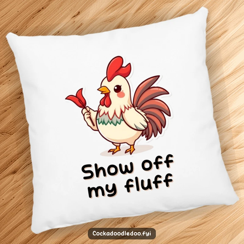Funny decorative pillow featuring a proud Kawaii rooster character proudly holding up a shiny red feather.