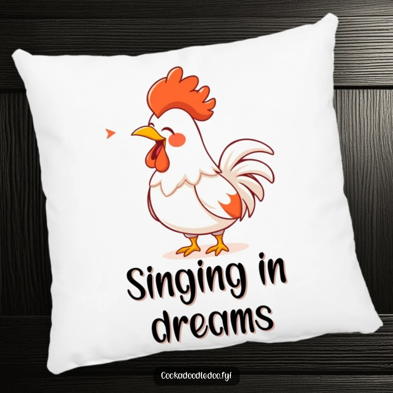 Funny Rooster Pillow: A cartoon rooster with a golden comb, singing loudly, offering cozy comfort and humorous appeal.
