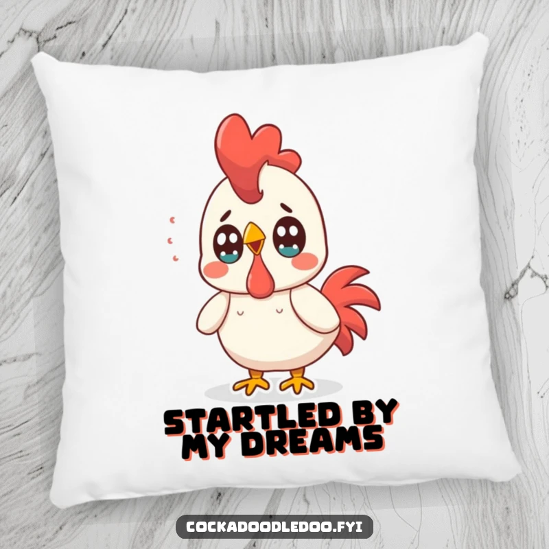 Funny Kawaii Rooster Pillow: Soft and plush, featuring a surprised rooster with wide eyes, perfect for humorous comfort.