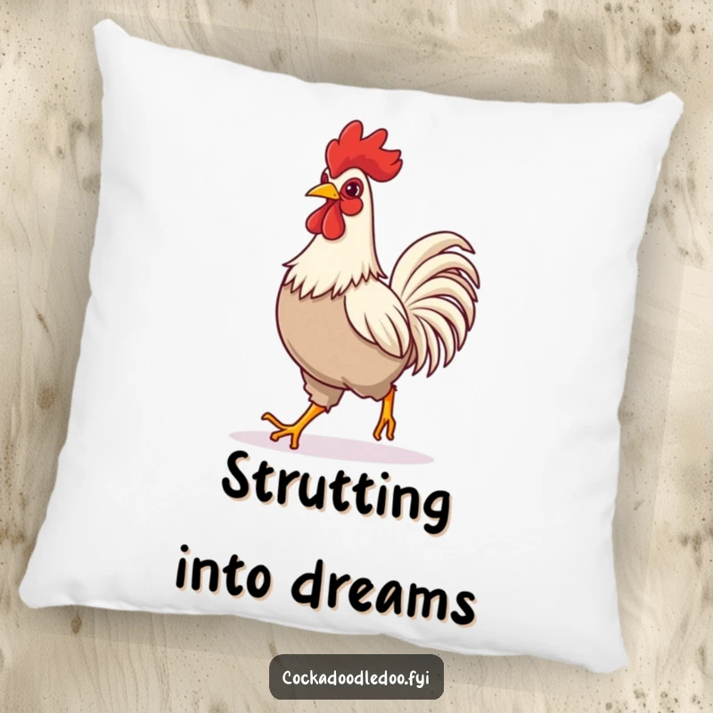 Funny pillow design of a rooster taking a confident, happy stride, adding a humorous and cheerful accent to any room.