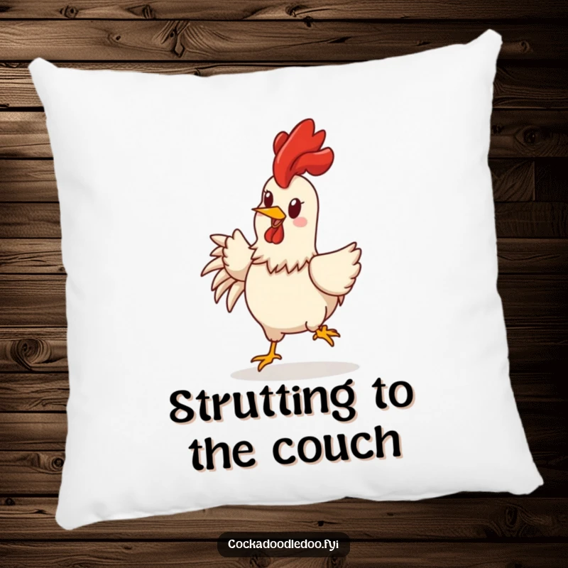 Funny rooster pillow featuring a cheerful character rooster with its comb held high, doing a joyful strut, soft and inviting.