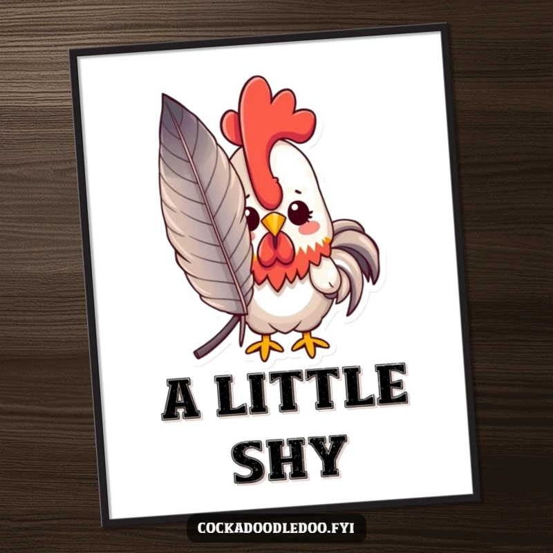 Funny peeking kawaii rooster digital art print of a shy rooster peeking from behind a large feather, ready for download.