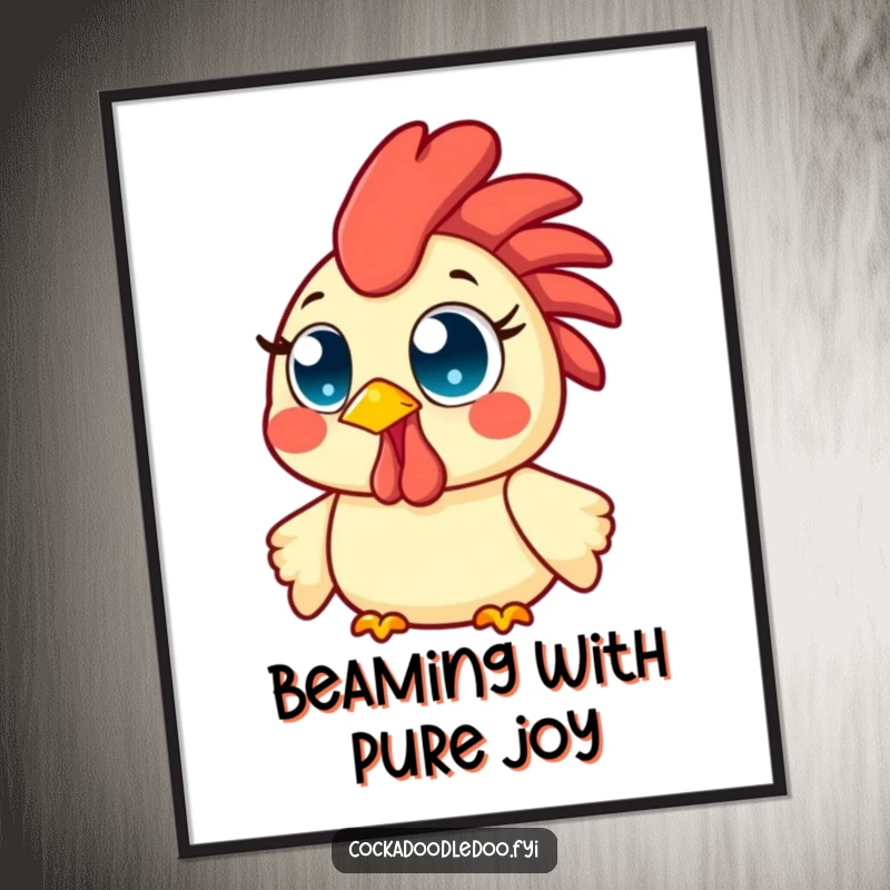 Funny Kawaii Rooster Digital Art Print of a cheerful bird with wide, bright eyes, beaming with infectious morning cheer.