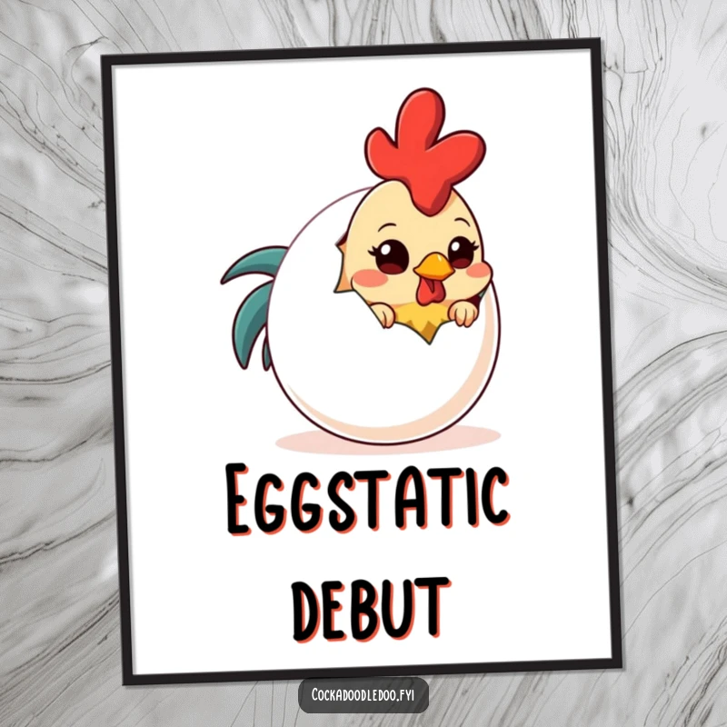 Funny Shy Rooster Egg Digital Art: Printable artwork of a shy rooster peeking from behind an oversized, funny egg.