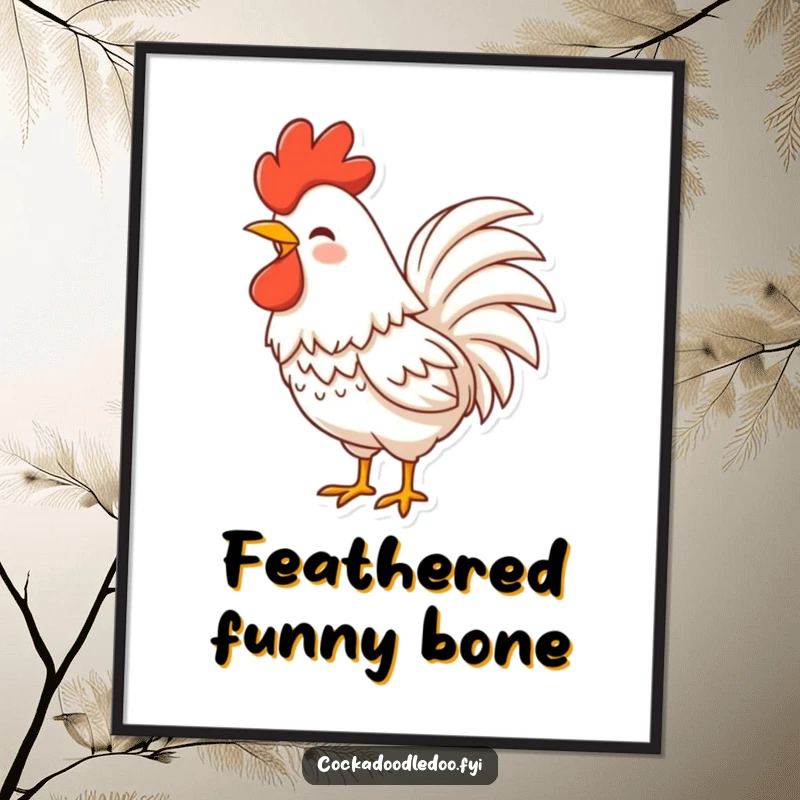 Funny Rooster Digital Art Print of a character with fluffy tail feathers shaking with laughter, for immediate spirited decor.
