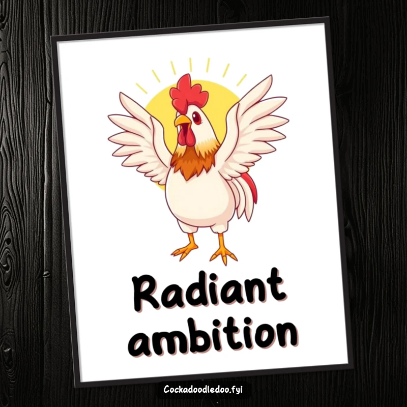 Funny digital art print capturing a rooster peacefully basking in the sun, wings spread wide, exuding warmth and tranquility.