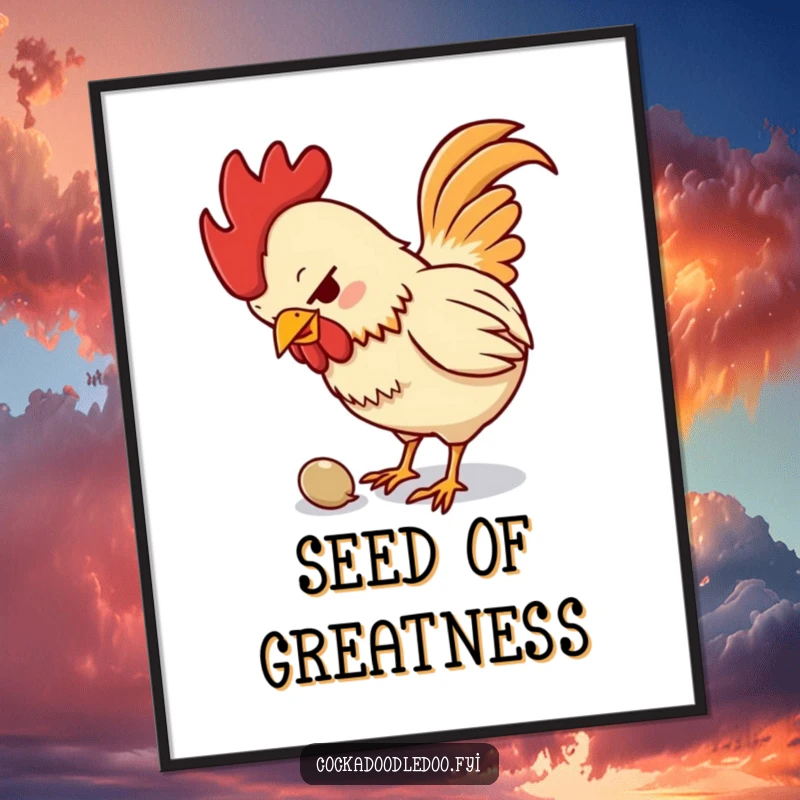 Funny digital art print of a small, determined rooster pecking with intense focus at a tiny seed, embodying humorous ambition.