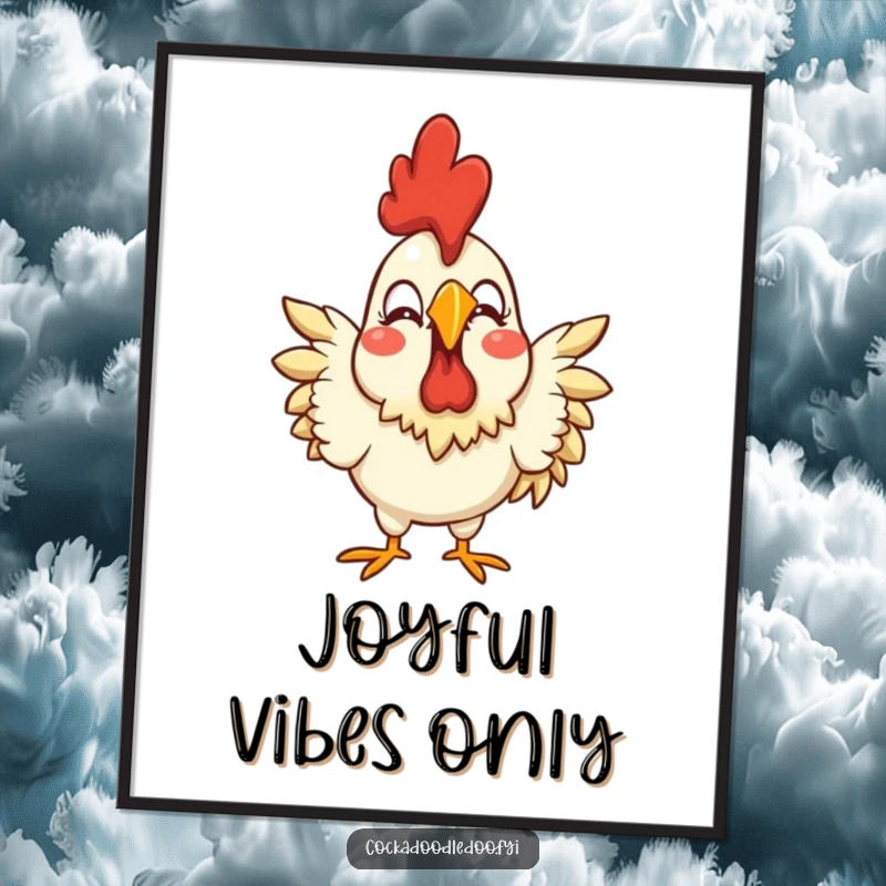 Funny digital art print of a stylized rooster with an exaggerated joyful expression, perfect for adding vibrant happiness.