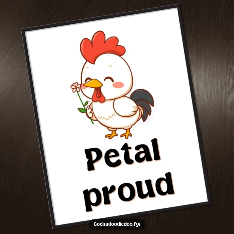 Funny Kawaii rooster digital art print depicting a cheerful character with a flower and a proud smile. Instant joy for your screen or prints.