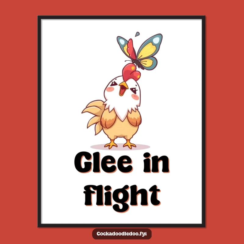 Funny Kawaii Rooster Art Print: Giggling Butterfly Watcher - Instant Funny Gift for Whimsical Decor