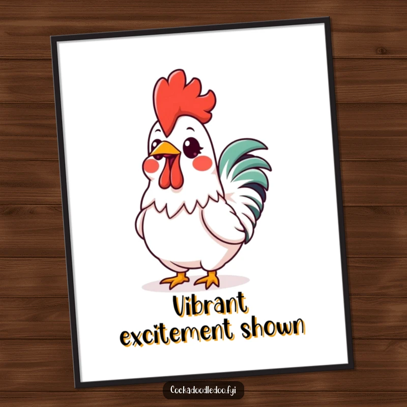 Funny Kawaii Rooster Comb Digital Art Print: High-resolution artwork of an excited rooster with a brilliantly glowing comb, full of cheerful energy.