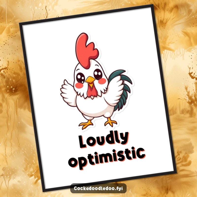 Funny kawaii rooster character crowing with gusto, presented as a digital art print for instant, cheerful home decoration.
